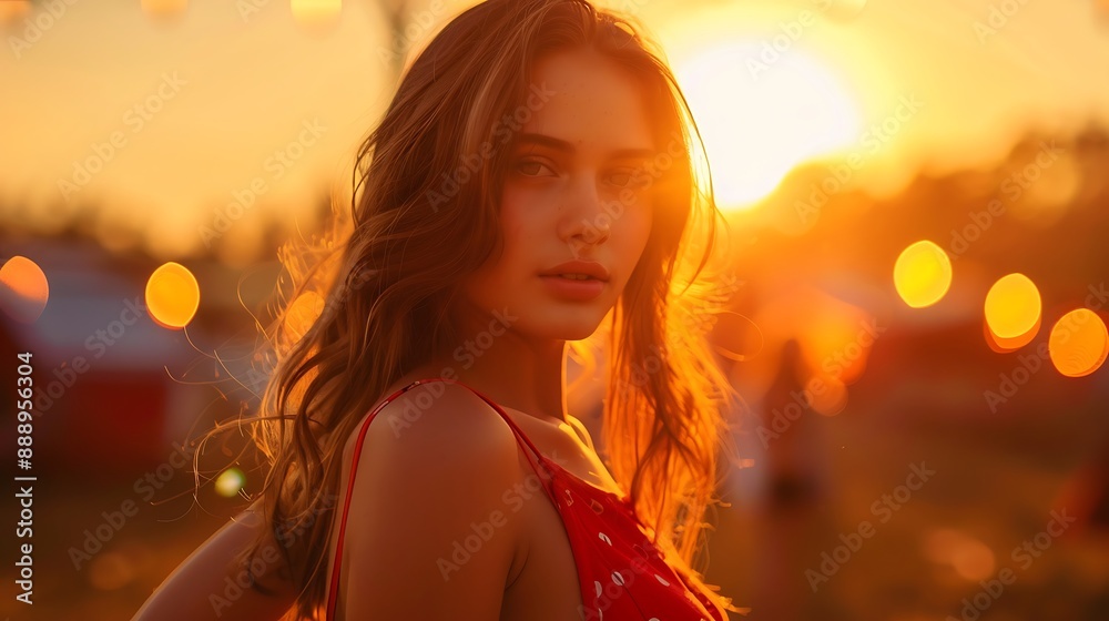 Beautiful young woman at a summer festival, looking at camera, simple, minimalist, and colorful, wearing a red dress, vibrant sunset background Beautiful young woman at a summer festival, looking at camera, simple, minimalist, and colorful, wearing a red dress, vibrant sunset background