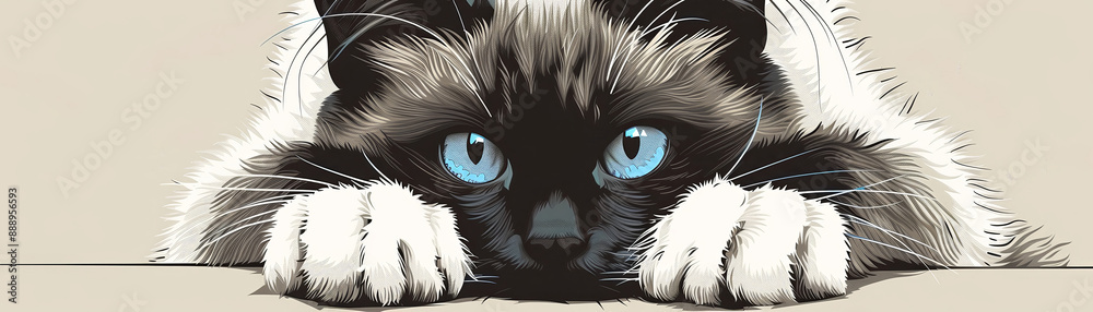 Fototapeta premium A twotone line art of a Birman cat with white glov 7 2 cat, animal, pet, eyes, kitten, feline, domestic, eye, cute, face, fur, kitty, white, pets, animals, whiskers, portrait, closeup, nose, black, cl