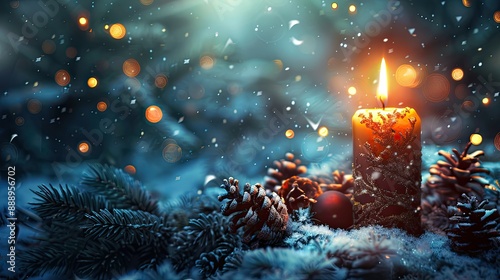 A single candle burning in the snow with a beautiful bokeh background.