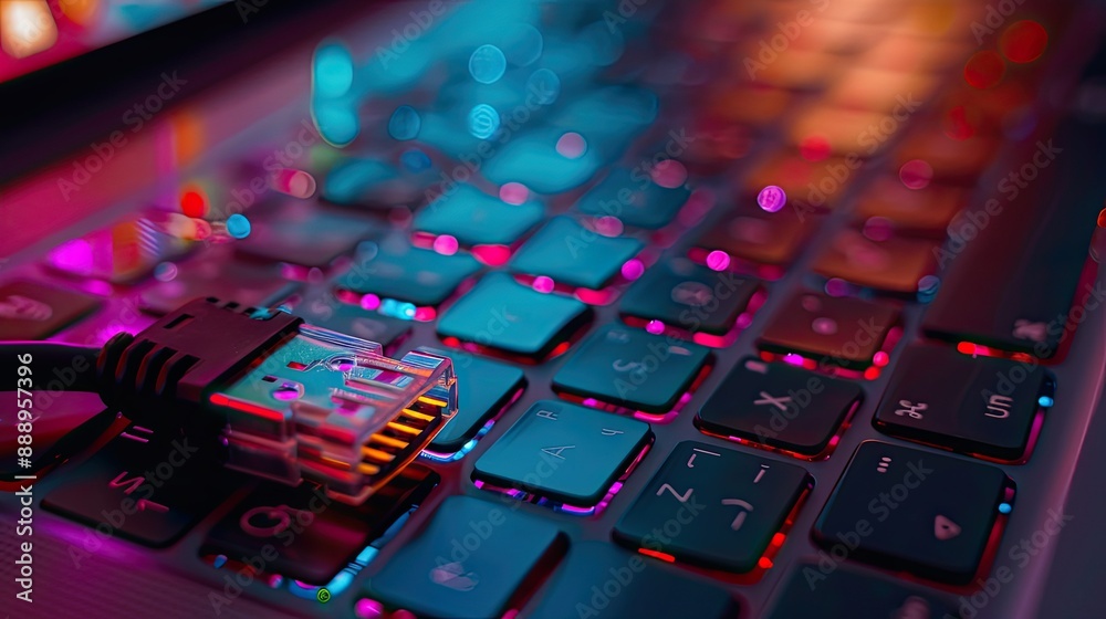 Obraz premium Close-up of a Laptop Keyboard with an Ethernet Cable