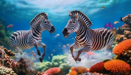 Zebras Among Vibrant Coral" "Leap of Joy: Zebra Pair in a Coral Wonderland" "Oceanic Delight: Zebras Frolicking in Colorful Coral Gardens"