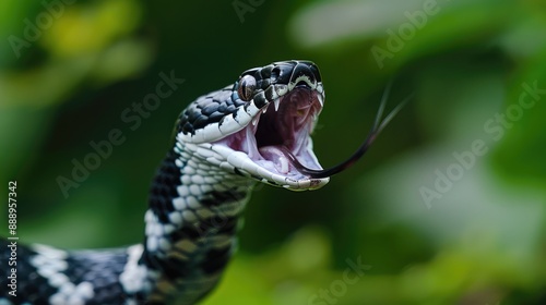 Black and White Snake with Open Mouth and Forked Tongue photo