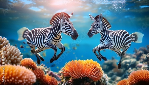 Zebras Among Vibrant Coral" "Leap of Joy: Zebra Pair in a Coral Wonderland" "Oceanic Delight: Zebras Frolicking in Colorful Coral Gardens"