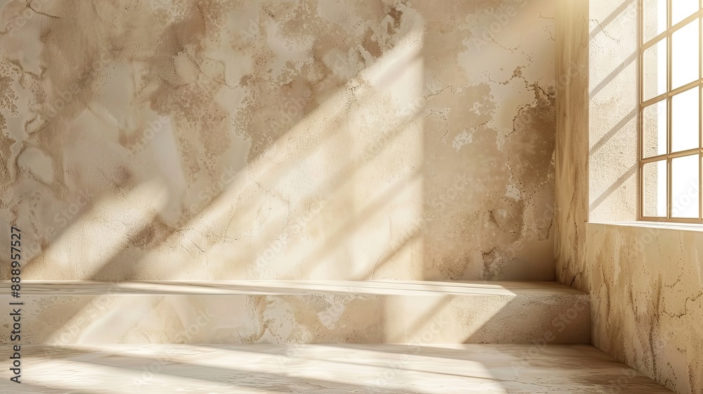 The photo shows an empty room with a concrete wall and a large window The photo shows an empty room with a concrete wall and a large window