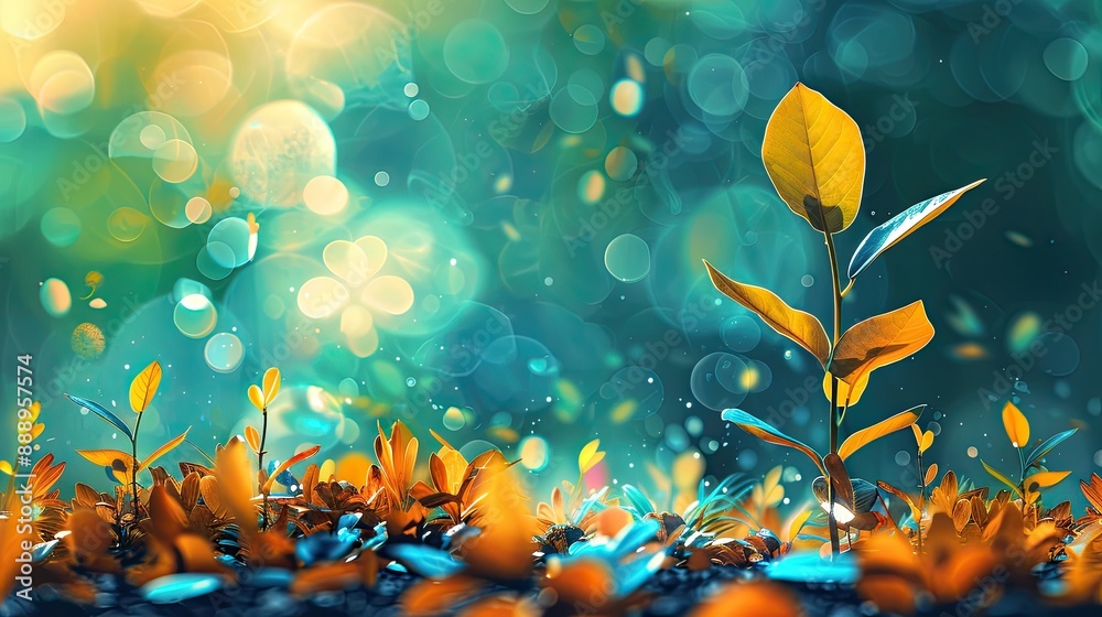 The photo shows the beginning of a new life. A small sprout makes its way through the ground towards the sun. Around the sprout, there are colorful blurry lights. The photo shows the beginning of a new life. A small sprout makes its way through the ground towards the sun. Around the sprout, there are colorful blurry lights.