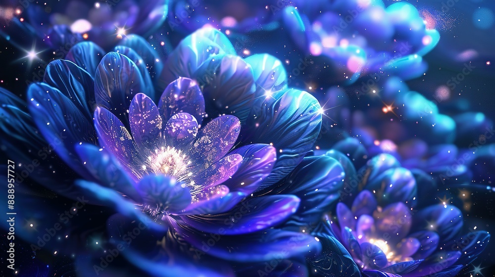 Glowing blue and purple flowers with sparkling lights on a dark background Glowing blue and purple flowers with sparkling lights on a dark background