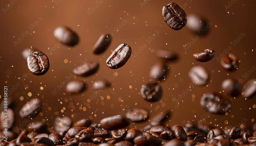 Roasted coffee beans falling on heap against brown background, closeup Roasted coffee beans falling on heap against brown background, closeup