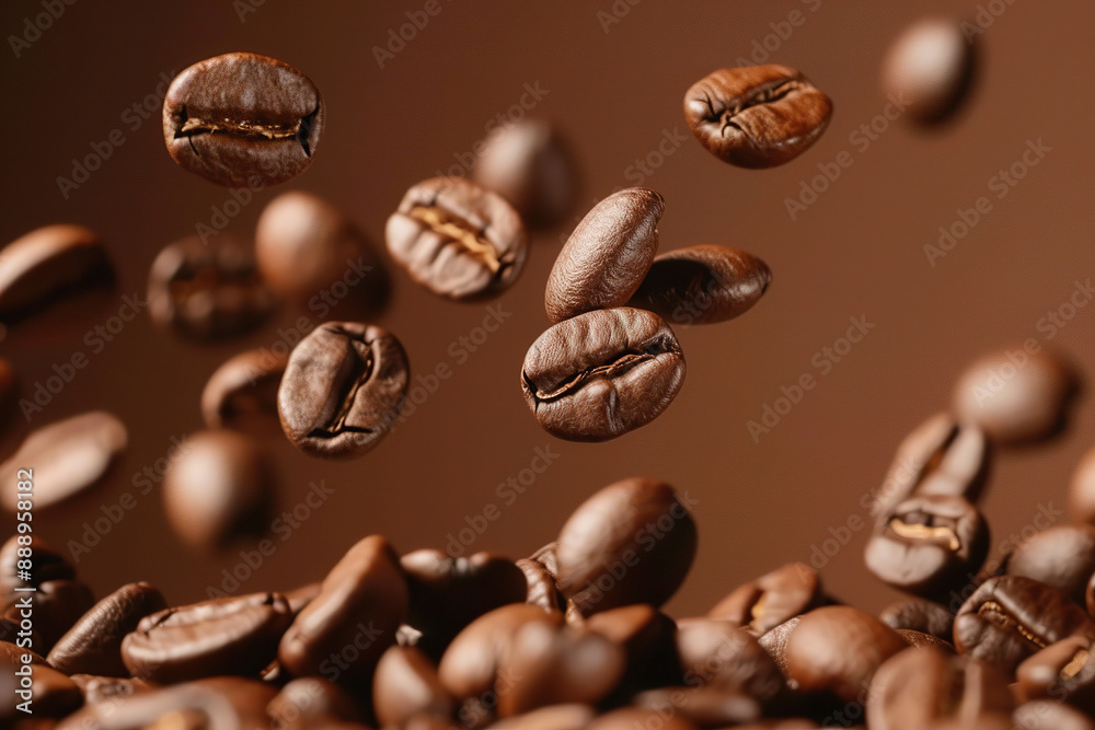 Roasted coffee beans falling on heap against brown background, closeup Roasted coffee beans falling on heap against brown background, closeup