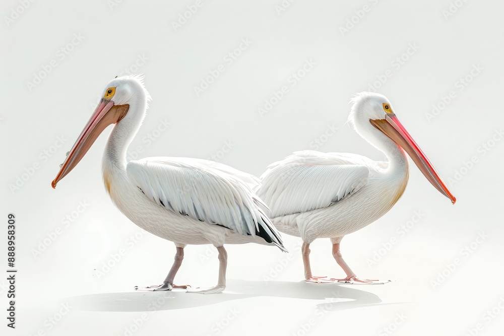 Two White Pelicans Standing on a White Background Two White Pelicans Standing on a White Background