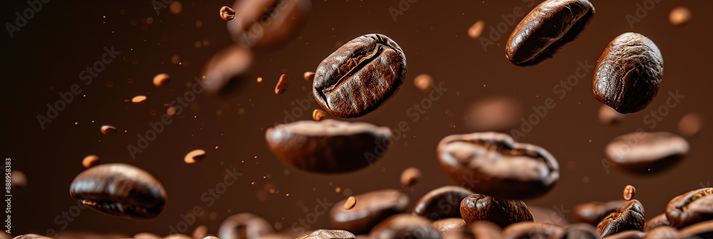 Roasted coffee beans falling on heap against brown background, closeup Roasted coffee beans falling on heap against brown background, closeup