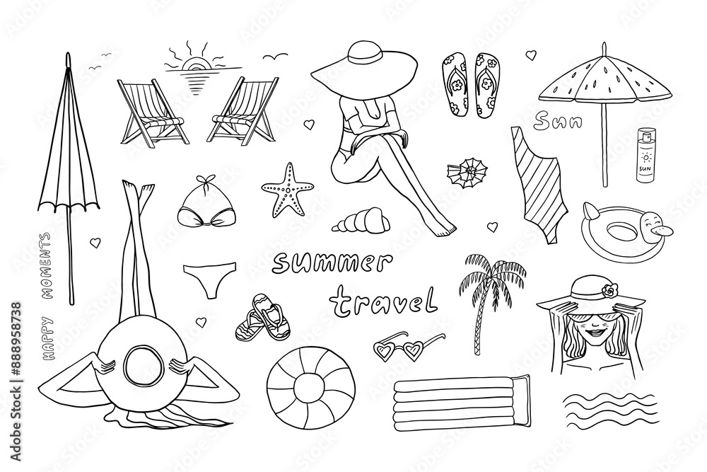 Obraz premium Set of summer time theme elements in doodle style. Girl in a beach hat, palms, swimsuit, swimming trunks, drink, surf, shells, starfish, beach. Travel design. Adventure. Hand drawn