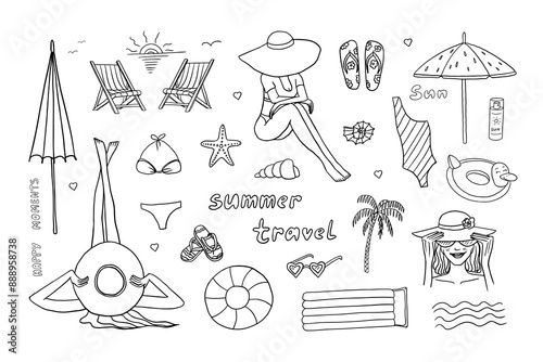 Set of summer time theme elements in doodle style. Girl in a beach hat, palms, swimsuit, swimming trunks, drink, surf, shells, starfish, beach. Travel design. Adventure. Hand drawn