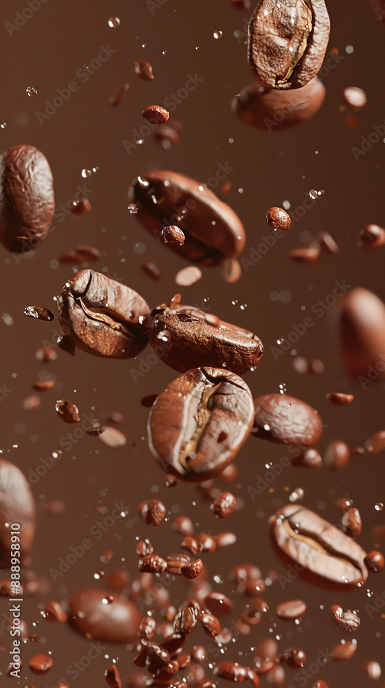 Roasted coffee beans falling on heap against brown background, closeup