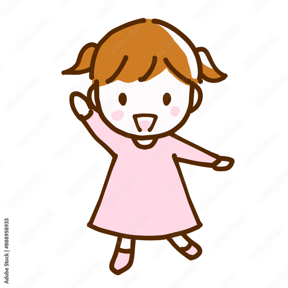 笑顔で手を挙げている女の子の全身線画イラスト 笑顔で手を挙げている女の子の全身線画イラスト
