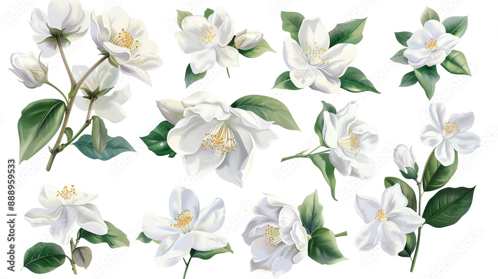 A captivating watercolor set of jasmine flowers, showcasing exquisite botanical illustrations on a transparent background. A captivating watercolor set of jasmine flowers, showcasing exquisite botanical illustrations on a transparent background.