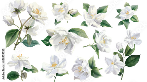 A captivating watercolor set of jasmine flowers, showcasing exquisite botanical illustrations on a transparent background.