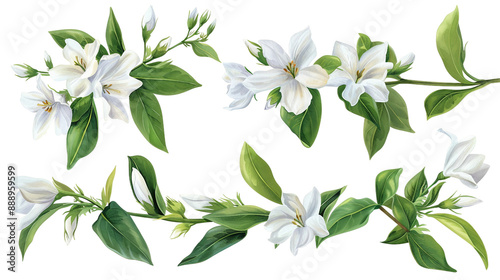 A captivating watercolor set of jasmine flowers, showcasing exquisite botanical illustrations on a transparent background.