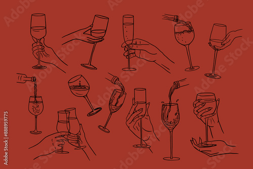 Set of hands with champagne glasses and wine glasses in doodle style. Cheers. Alcoholic drinks. Great for bar menu, banner, holiday, wedding, celebration. Hand drawn