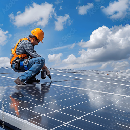 Wallpaper Mural A handyman installing solar panels on the rooftop. Solar power engineer installing solar panels, on the roof, electrical technician at work, alternative renewable green energy generation concept	 Torontodigital.ca