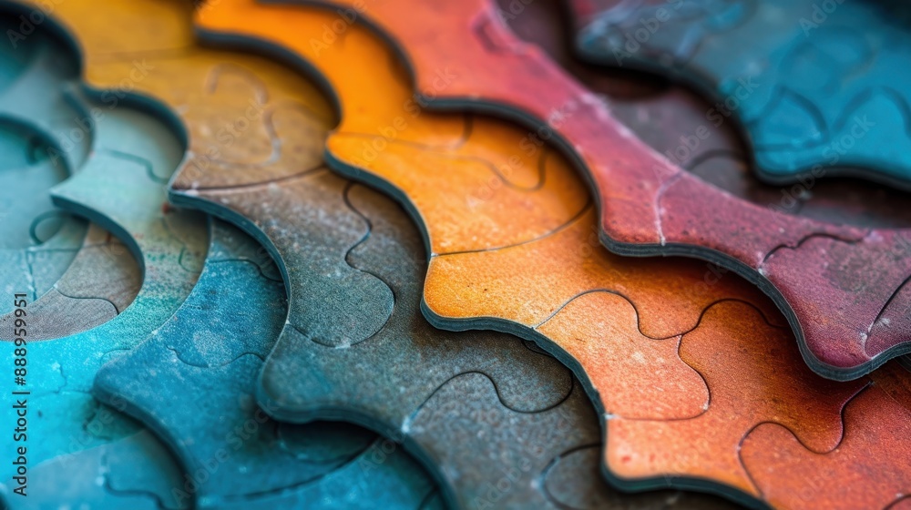 A colorful puzzle made of leather pieces. The pieces are of different colors and sizes, and they are arranged in a way that creates a unique and interesting pattern A colorful puzzle made of leather pieces. The pieces are of different colors and sizes, and they are arranged in a way that creates a unique and interesting pattern