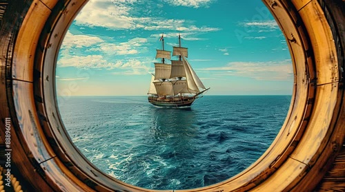 Galleon seen from a window on a sunny day, showcasing a majestic and historical ship sailing under bright sunlight with a picturesqu Seamless looping 4k time-lapse virtual video animation Generated AI photo