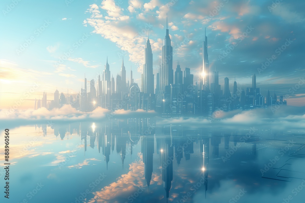 A Futuristic Cityscape Reflecting in Calm Water at Sunset A Futuristic Cityscape Reflecting in Calm Water at Sunset