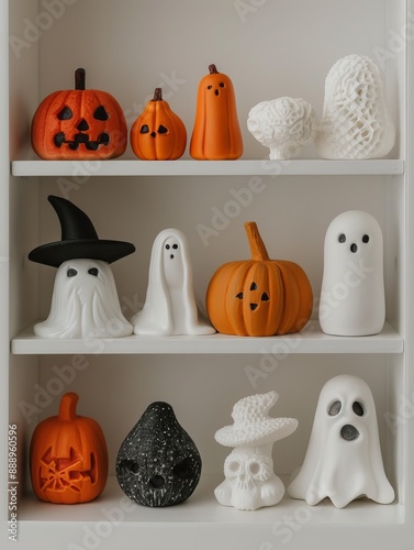 Intricate Halloween art toy collection displayed on a shelf: mini witches, friendly ghosts, and detailed pumpkins, each with unique designs and textures photo