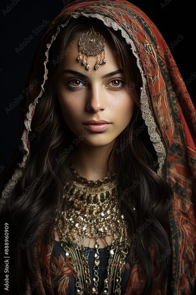 Mysterious woman in ornate hood with jewelry Mysterious woman in ornate hood with jewelry