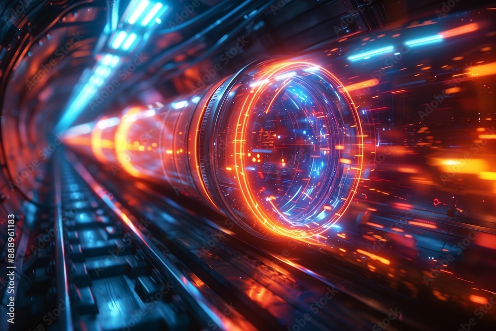 Fototapeta premium Futuristic Tunnel With Bright Orange And Blue Lights