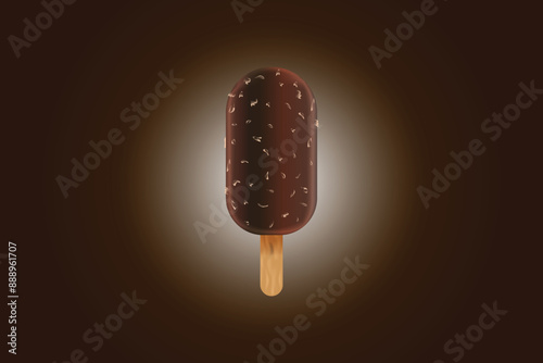 Realistic chocolate ice cream. Vector ad poster Icecream on stick. Sweet creamy dessert, dairy frozen summer food.