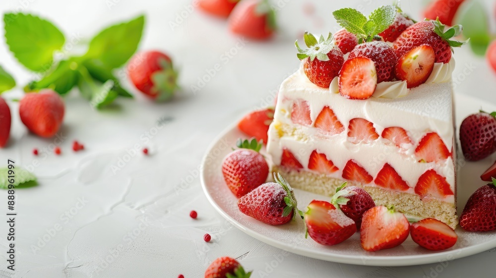 A slice of strawberry shortcake with layers of fresh strawberries and cream, garnished with mint leaves. A slice of strawberry shortcake with layers of fresh strawberries and cream, garnished with mint leaves.