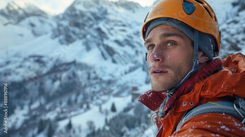 The close-up view of the tourist, after successfully climbing the icy mountain, sparkled with delight as they beheld the surrounding landscape. photo