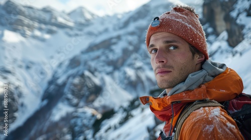 The close-up view of the tourist, after successfully climbing the icy mountain, sparkled with delight as they beheld the surrounding landscape. photo