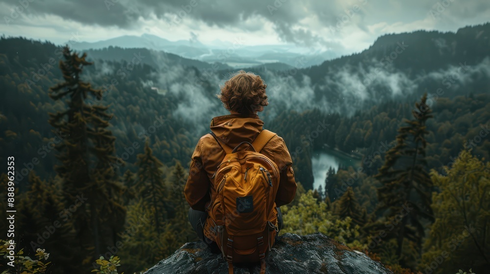 The young tourist with a yellow backpack sits on a rocky ledge, soaking in the beautiful natural surroundings. Hiking and climbing through the forest and mountains have brought him great happiness. The young tourist with a yellow backpack sits on a rocky ledge, soaking in the beautiful natural surroundings. Hiking and climbing through the forest and mountains have brought him great happiness.