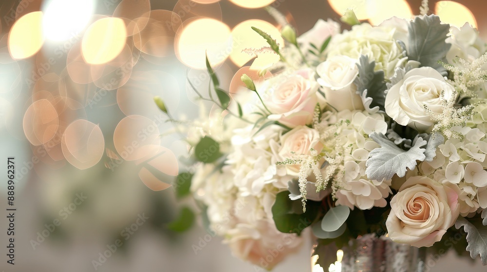 A bouquet of white roses is displayed in a glass vase. The flowers are arranged in a way that highlights their beauty and elegance. Scene is one of sophistication and refinement A bouquet of white roses is displayed in a glass vase. The flowers are arranged in a way that highlights their beauty and elegance. Scene is one of sophistication and refinement