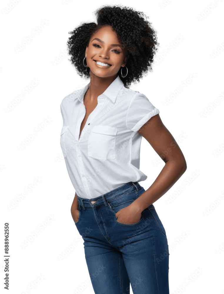 african american woman curly hair wearing white shirt isolated on transparent background african american woman curly hair wearing white shirt isolated on transparent background