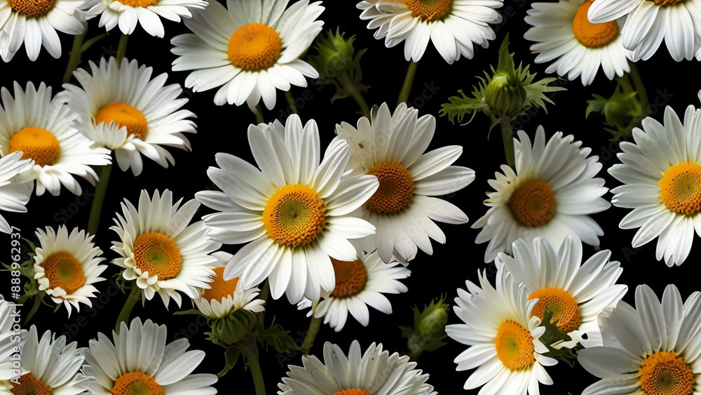 Set of elegant blooming daises on plant black plain black background Set of elegant blooming daises on plant black plain black background