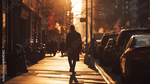 Silhouette of a man walking on a city street at sunset. photo