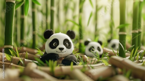 Playful panda art toy with bamboo accessories, detailed and realistic textures, vibrant and lively setting in a bamboo grove