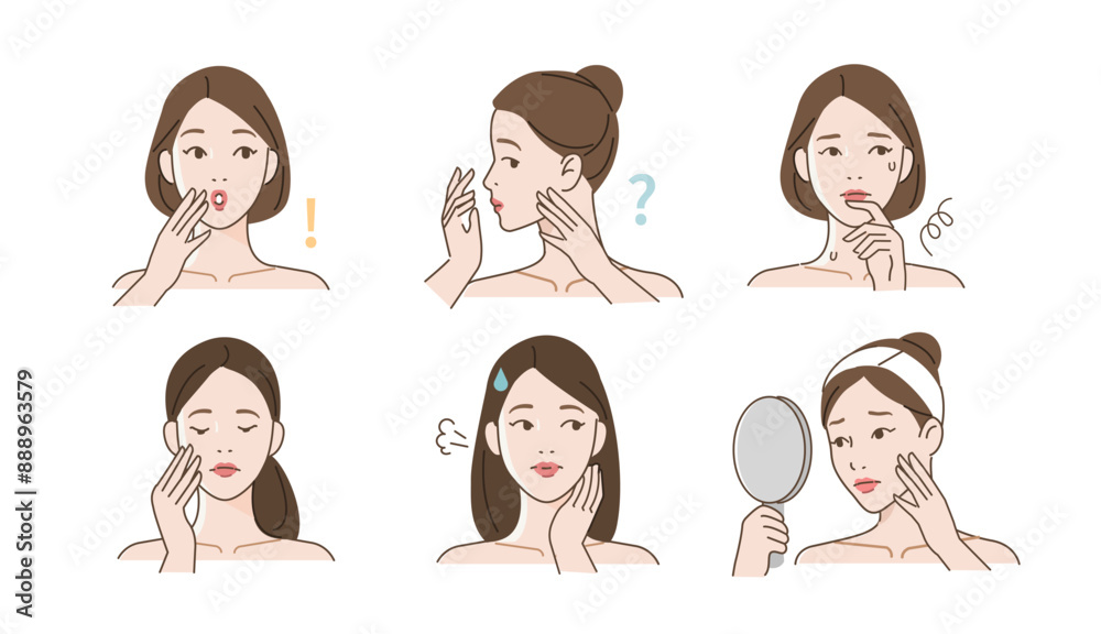 Skincare set. Collection of sad girl worrying about her bad skin condition. Beauty and hygiene concept. Vector illustration. Skincare set. Collection of sad girl worrying about her bad skin condition. Beauty and hygiene concept. Vector illustration.