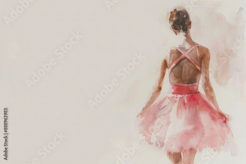 The elegance of a ballerina is captured in watercolor, with the dancer standing in a pink dress and her back to the viewer against a serene light background