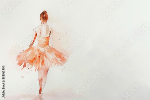 Watercolor artwork on a pure white surface: A fair-skinned ballerina, adorned in a peach tutu, presents her back to the viewer, radiating grace and beauty