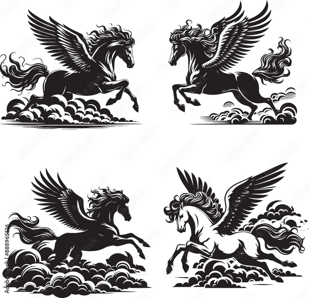Fototapeta premium Flying horse on clouds black and white silhouette 
