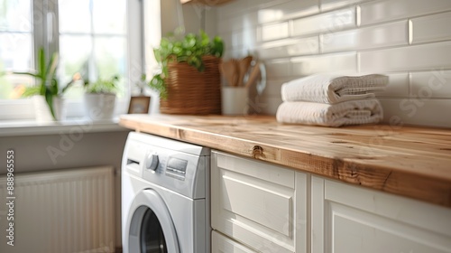 Cozy Modern Laundry Room with White Cabinets and Wooden Countertops