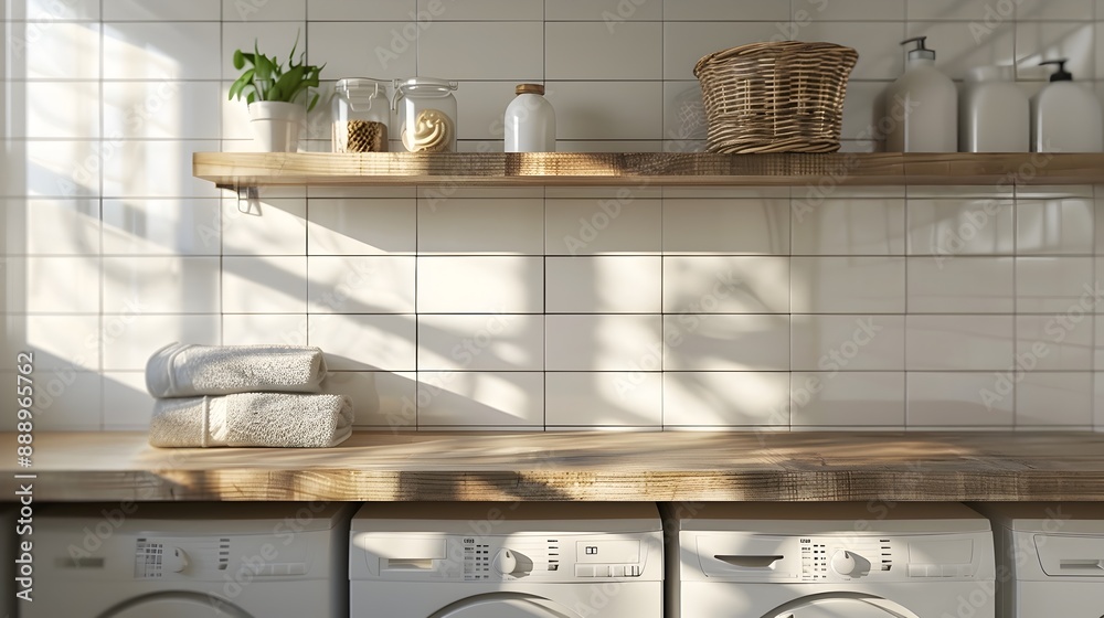 Blurred Modern Laundry Room with Wooden Shelves and White Tile Accents Blurred Modern Laundry Room with Wooden Shelves and White Tile Accents