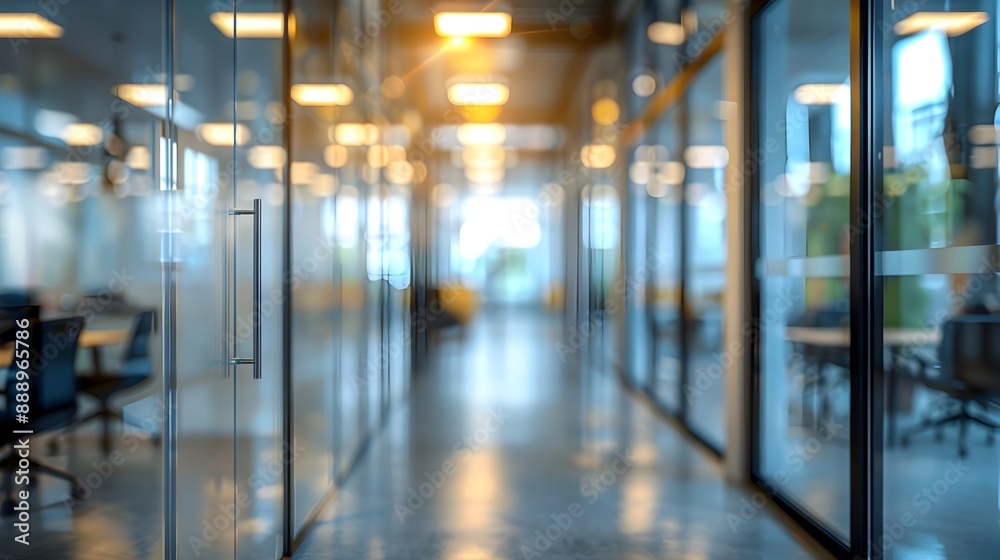 Obraz premium Blurred Corridor of a Modern Open-Plan Corporate Office with Glass Partitions