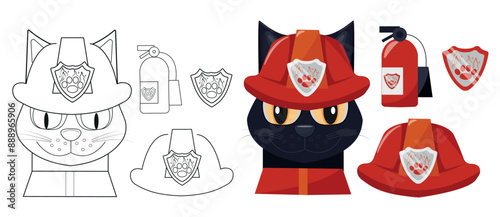 large set of a cat in a uniform and helmet of a fireman, a fire extinguisher and a cat drawn in the style of line art and isolated on a white background