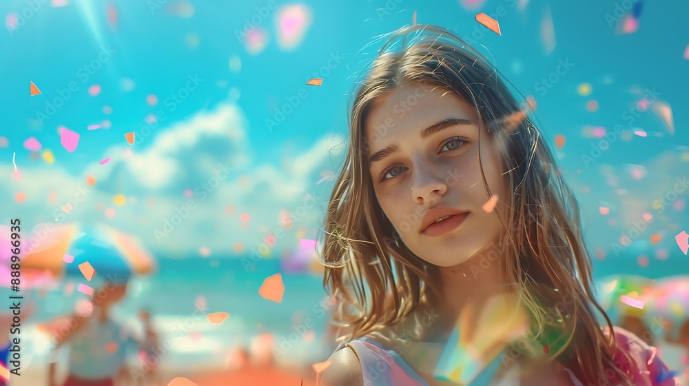 Beautiful young woman at a summer festival, looking at camera, simple, minimalist, and colorful, with a beach festival scene, vibrant ocean and sky Beautiful young woman at a summer festival, looking at camera, simple, minimalist, and colorful, with a beach festival scene, vibrant ocean and sky