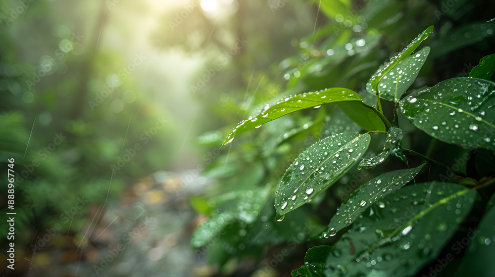 Fresh green leaves with rain water drops, Close up of fresh green leaves with rain water drops, A refreshing downpour in the heart of the forest, bringing life and renewal,Garden rain,Summer fresh
