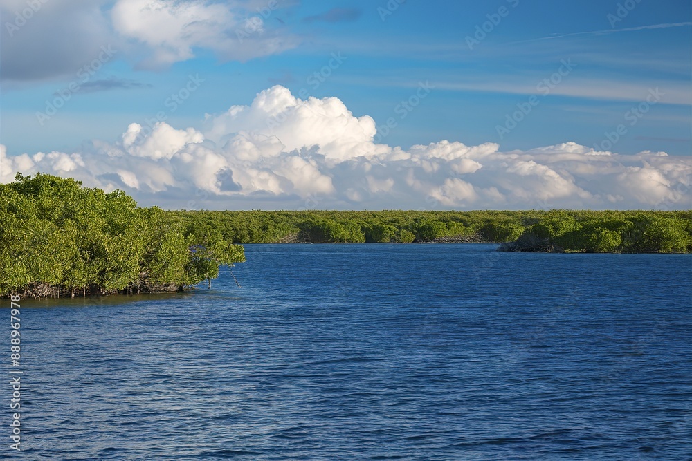 Panoramic view of a blue freshwater estuary with mangroves on its edge and cloud in the background Panoramic view of a blue freshwater estuary with mangroves on its edge and cloud in the background